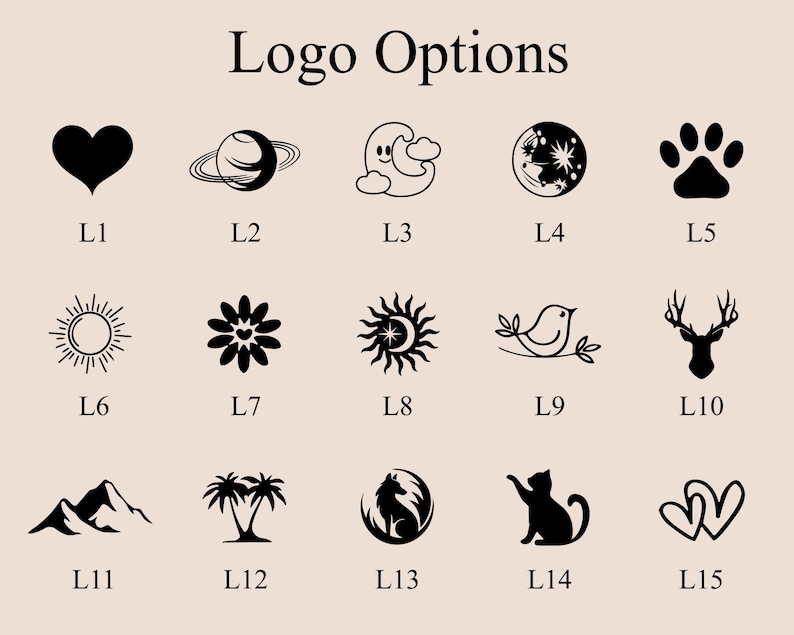 May include: A collection of 15 black logo options on a beige background. The logos include a heart, planet, moon and cloud, paw print, sun, flower, sun and moon, bird on a branch, deer head, mountains, palm trees, wolf in a circle, cat, and two hearts.