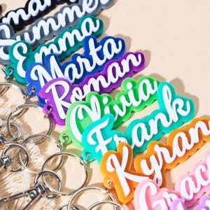 Può includere: Una collezione di portachiavi con nomi colorati con scritte bianche in corsivo. I portachiavi sono in vari colori, tra cui nero, grigio, verde acqua, blu, viola, verde, arancione e rosa. Ogni portachiavi ha un portachiavi argentato attaccato.