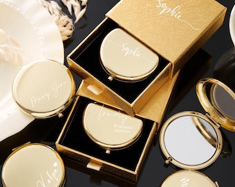 Custom Bridesmaid Compact Mirror, Engraved Pocket Makeup Mirror with Gift Box, Wedding Party Favor, Elegant Bridal Shower Keepsake Gift