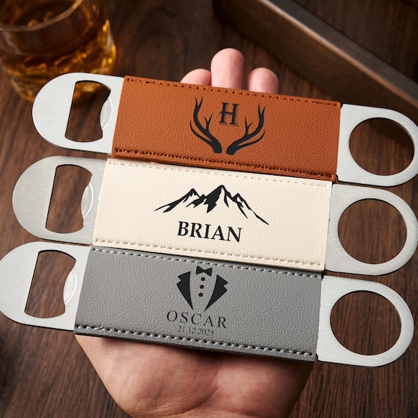 Personalized Leather Bottle Opener, Custom Engraved Beer Opener, Groomsmen Gift Bar Key, Best Man & Groom Gifts, Wedding Party Favor for Him