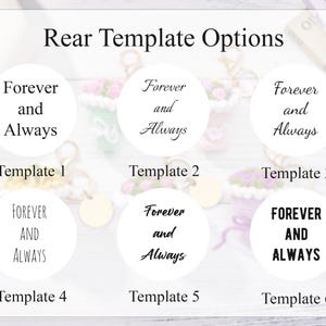 Może przedstawiać: Grafika zatytułowana Rear Template Options przedstawiająca sześć okrągłych białych etykiet. Każda etykieta zawiera tekst Forever and Always w r&oacute;żnych czcionkach i stylach, oznaczonych jako Template 1 do Template 6 czarnym drukiem.