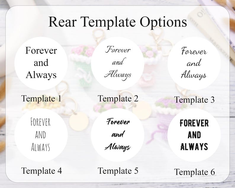 Może przedstawiać: Grafika zatytułowana Rear Template Options przedstawiająca sześć okrągłych białych etykiet. Każda etykieta zawiera tekst Forever and Always w r&oacute;żnych czcionkach i stylach, oznaczonych jako Template 1 do Template 6 czarnym drukiem.