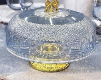 Crystal Clear Rotating Cake Stand with Gold Accents & Dome Lid