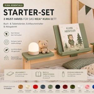 Może przedstawiać: Szałwiowo-zielony zestaw startowy do łóżka IKEA KURA, zawierający półkę, stojak na książki i tablety oraz narożny uchwyt na butelkę. Zestaw zawiera napisy takie jak KURA ESSENTIALS, STARTER-SET i KLEINE ABENTEUER oraz 13 dostępnych opcji kolorystycznych.