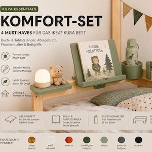 KURA Essentials Comfort Set | 5-delige accessoire set compatibel met IKEA KURA bed | Boekenhouder, plank, flessenhouder en bedgrepen