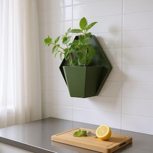 Könnte beinhalten: Ein grüner, geometrischer Wandtopf mit einer lebenden Pflanze, montiert an einer weißen gefliesten Wand. Ein Holzschneidebrett mit Zitrone und Minze liegt auf einer grauen Arbeitsplatte. Der Pflanztopf ist etwa 30 cm breit.