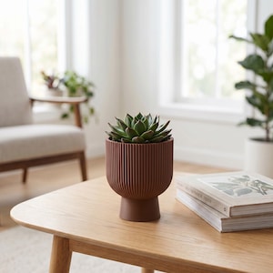 Puede incluir: Una maceta de color terracota oscuro con una textura acanalada vertical y una base de pedestal. La maceta es cilíndrica con un fondo redondeado y contiene una planta suculenta verde con hojas gruesas y puntiagudas en roseta.