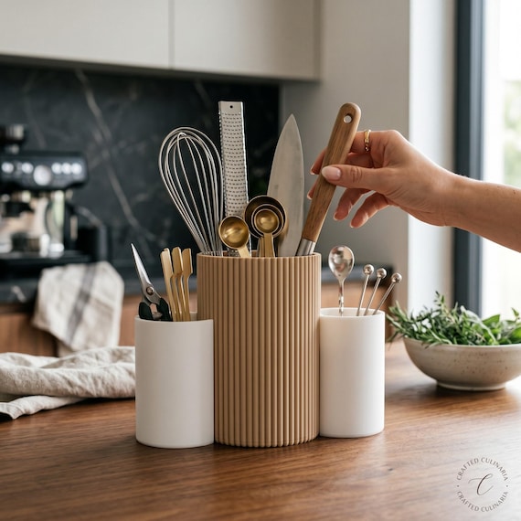 Moderner Küchenutensilienhalter | 3-Becher Organizer | Individuell kombinierbare Farben | 3D-gedruckt | Minimalistisches Küchendesign