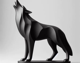 May include: A black wolf sculpture in a howling pose. The geometric design features a series of angular planes. The sculpture stands on a rectangular base. The matte finish gives it a modern, artistic look. The wolf is a symbol of the wild.