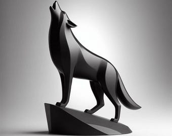 May include: A black sculpture of a howling wolf. The wolf stands on a geometric base, head raised and mouth open in a howl. The sculpture has a glossy finish against a gradient background. A decorative item.