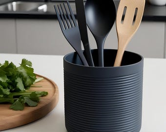 Modern ribbed kitchen utensil holder – Cutlery & spatula organizer – 3D printed kitchen storage pot – durable utensil container –157 mm size