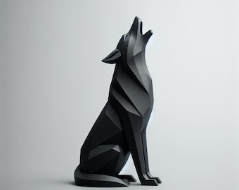May include: A black geometric sculpture of a howling wolf. The artwork features sharp angles and a modern design. The wolf is depicted in a seated position with its head raised and mouth open, as if howling. The sculpture is a decorative item.