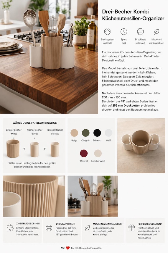 Moderner Küchenutensilienhalter | 3-Becher Organizer | Individuell kombinierbare Farben | 3D-gedruckt | Minimalistisches Küchendesign
