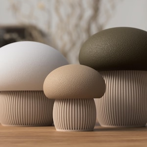 Può includere: Tre oggetti decorativi a forma di fungo in varie dimensioni e colori. Il più grande è verde oliva, il medio è beige e il più piccolo è bianco. Ognuno ha un cappello strutturato e una base a coste, creando un'estetica stravagante e naturale.