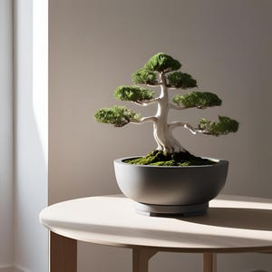 Può includere: Un bonsai in un vaso di ceramica grigio è posto su un tavolo di legno chiaro. L'albero ha un tronco e rami bianchi con fogliame verde. Il vaso è rotondo con un piattino abbinato. La scena è illuminata dalla luce naturale.