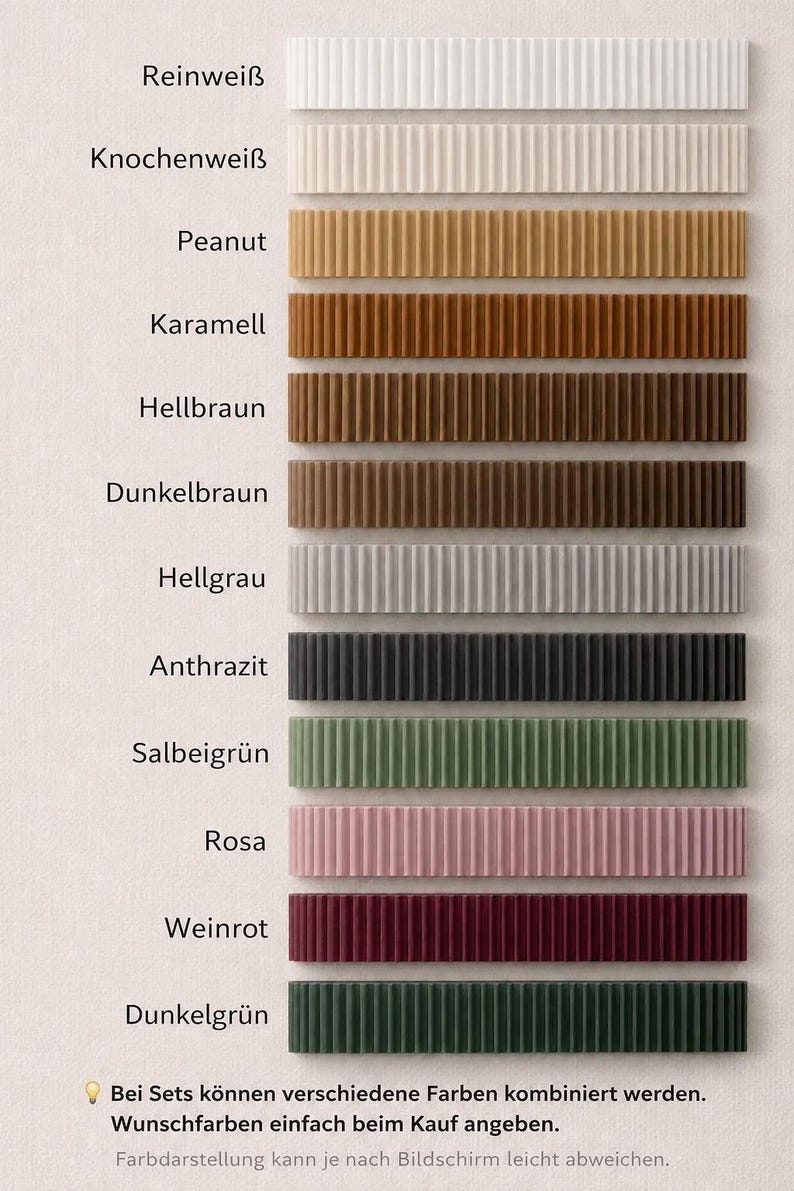May include: A color chart displaying eleven horizontal rectangular bars with a vertical ribbed texture. The colors include white, bone, peanut, caramel, light brown, dark brown, light gray, anthracite, sage green, pink, burgundy, and dark green.