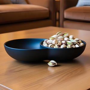 Op de afbeelding: Een zwarte serveerschaal met twee secties gevuld met pistachenoten. De schaal staat op een houten oppervlak. De pistachenoten zijn open en tonen de groene noot binnenin. Eén pistachenoot is los van de schaal.
