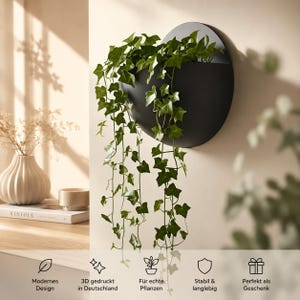 May include: A matte black, circular wall-mounted planter containing a trailing green ivy plant. The planter features a semi-circular opening at the top. Below the planter, text icons indicate features including 3D printed in Germany.