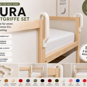 Pode incluir: Um conjunto de duas pegas brancas para cama, concebidas para a estrutura de cama IKEA Kura. As pegas são curvas e fixam-se na barra de madeira para ajudar a entrar e sair da cama. A imagem inclui texto em alemão e 13 opções de cores.