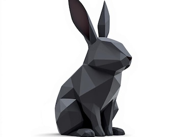May include: A geometric, black rabbit sculpture with long ears and a sitting posture. The sculpture has a faceted design, giving it a modern and artistic appearance. The rabbit's ears have a pink interior.