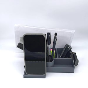 Modern desk organizer with smartphone holder | Pen holder | 3D-printed from PLA | Desk | Office organizer dark gray