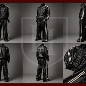 Peut inclure: Ensemble de surv&ecirc;tement noir avec des rayures blanches. La veste a une fermeture &eacute;clair sur le devant et un col montant. Le pantalon a une coupe droite. L'ensemble est fait d'un mat&eacute;riau brillant. Plusieurs vues de l'ensemble sont pr&eacute;sent&eacute;es.