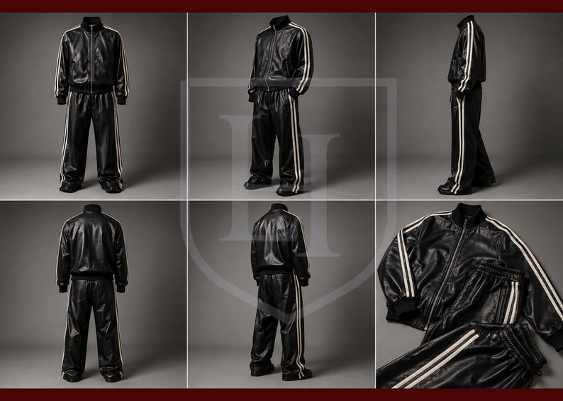 Peut inclure: Ensemble de surv&ecirc;tement noir avec des rayures blanches. La veste a une fermeture &eacute;clair sur le devant et un col montant. Le pantalon a une coupe droite. L'ensemble est fait d'un mat&eacute;riau brillant. Plusieurs vues de l'ensemble sont pr&eacute;sent&eacute;es.