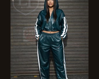 Ensemble de survêtement en cuir véritable pour femme - Veste en cuir à capuche premium et pantalon assorti, tenue streetwear de luxe deux pièces, ensemble moderne