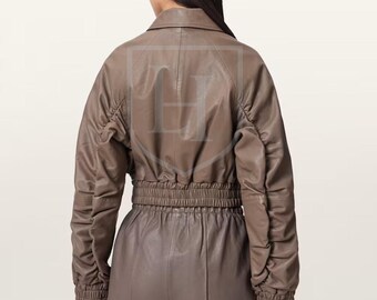 Ensemble coordonné en cuir de mouton véritable pour femme - Ensemble veste et short de luxe en cuir souple - Ensemble deux pièces minimaliste - Vêtements chics modernes