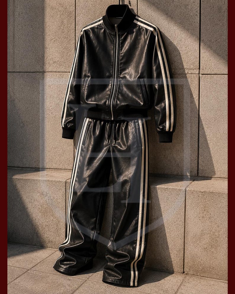 Peut inclure: Ensemble de surv&ecirc;tement en cuir noir avec des rayures blanches. La veste a une fermeture &eacute;clair sur le devant et un col et des poignets c&ocirc;tel&eacute;s. Le pantalon est large avec une taille &agrave; cordon. L'ensemble est contre un mur textur&eacute;.
