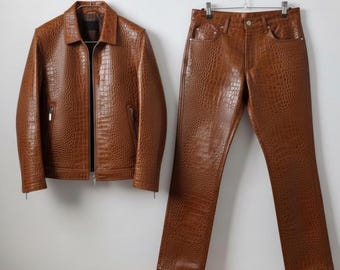 Costume en cuir marron gaufré crocodile pour homme, cadeau pour lui, veste en cuir véritable, tenue tendance de luxe