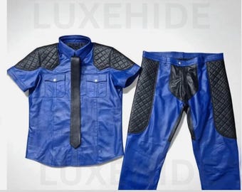 Tenue d'uniforme en cuir d'agneau véritable bleu fait main pour hommes panneau matelassé chemise pantalon cravate motard Costume de Cosplay