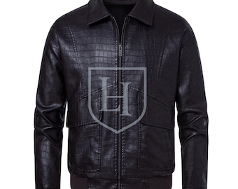 Handmade Men’s Genuine Leather Crocodile Print Jacket – Streetwear Winter Coat, Vintage Motorcycle Style,Outerwear Gift for Him