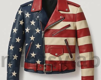 Handmade American Flag Leather Biker Jacket: Vintage USA Stars & Stripes