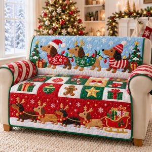 Christmas Dachshund Quilted Sofa Cover, Cute Wiener Dog Couch Protector, Holiday Patchwork Furniture Cover, Doxie Lover Christmas Gift