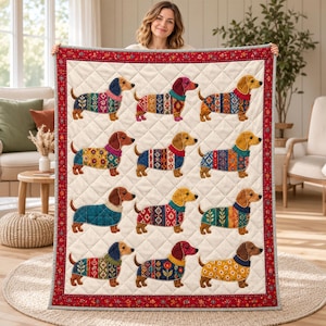 Coperta trapuntata con bassotto, coperta con cucciolo di bassotto in stile patchwork floreale colorato, biancheria da letto color crema e rossa, regalo accogliente per gli amanti dei bassotti, affascinante decorazione per il divano