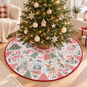 May include: A circular quilted Christmas tree skirt featuring a patchwork design with red and green gingham panels. The fabric displays illustrations of a snowman, Santa Claus, a fawn, a rocking horse, a gingerbread house, and a nutcracker.