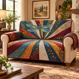 May include: A quilted sofa cover featuring a vibrant sunburst pattern in shades of blue, red, orange, and cream. The design includes a large, detailed dragonfly centered on the backrest, with intricate fern and leaf motifs stitched throughout the fabric.