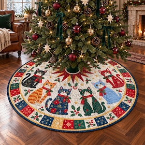 Quilted Cat Christmas Tree Skirt, Festive Floral Cats and Holly Holiday Decor, Colorful Patchwork Tree Decoration, Christmas Cat Lover Gift