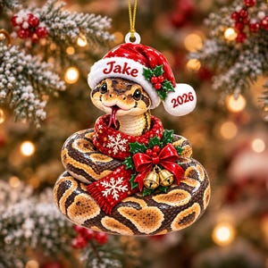 Decorazione natalizia personalizzata a forma di serpente in acrilico con rilievo 3D, ornamento per rettili con nome personalizzato, regalo per amanti dei serpenti, ricordo natalizio per il vostro serpente domestico.