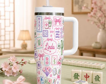 Personalized Mahjong 40 Oz Tumbler with Handle, Custom Name Mahjong Cup, Mahjong Lover Gift, Mah Jongg Gift for Women, Mahjong Player Gift