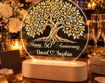 Lampada notturna personalizzata per il 50° anniversario, regalo per le nozze d'oro, lampada Albero della Vita, coppia 50 anni di matrimonio, decorazione luminosa per il 50° anniversario di matrimonio