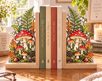 Sujetalibros acrílicos con diseño de bosque de setas, sujetalibros con diseño de setas del bosque, decoración de estantería estilo cottagecore, decoración de rincón de lectura con temática de bosque, regalo para amantes de los libros