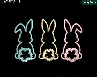 Easter Bunny Applique Embroidery Design Set, Pattern Fabric Bunnies with 3D Fluffy Tail, Spring Patch Style, Instant Download