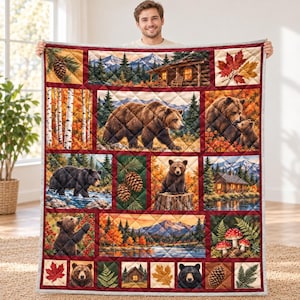 Coperta trapuntata rustica con orsi, plaid autunnale con motivi di foresta e montagna, biancheria da letto in stile patchwork con animali selvatici del bosco, arredamento accogliente da baita, regalo per lui