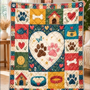 Steppdecke mit Pfotenabdruck, Patchwork-Decke für Hunde- und Katzenliebhaber, niedliche Herz- und Haustier-Bettwäsche, gemütliche Heimdekoration, Geschenk für Tiermütter und Tierfreunde