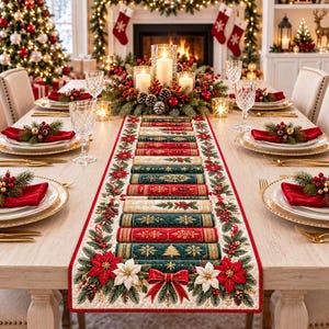 May include: A rectangular quilted table runner featuring a central design of stacked vintage-style books in red, green, and cream, bordered by poinsettias, pine branches, and holly berries, centered on a wooden dining table with place settings.