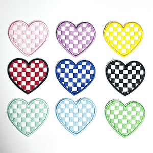 Checkered Heart Iron-On Patch: Embroidered Black and White Applique
