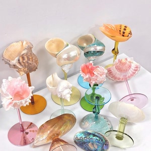 May include: A selection of seashell wine glass charms. Each charm has a different seashell attached to a coloured glass stem and base. The colours include pink, yellow, green, and blue, creating a vibrant display.