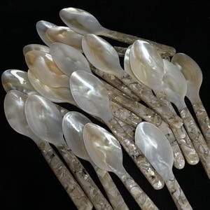 May include: A collection of mother-of-pearl spoons. The spoons have a pearlescent sheen and are arranged against a black background. The handles have a mosaic pattern. These spoons are ideal for serving caviar or other delicacies.